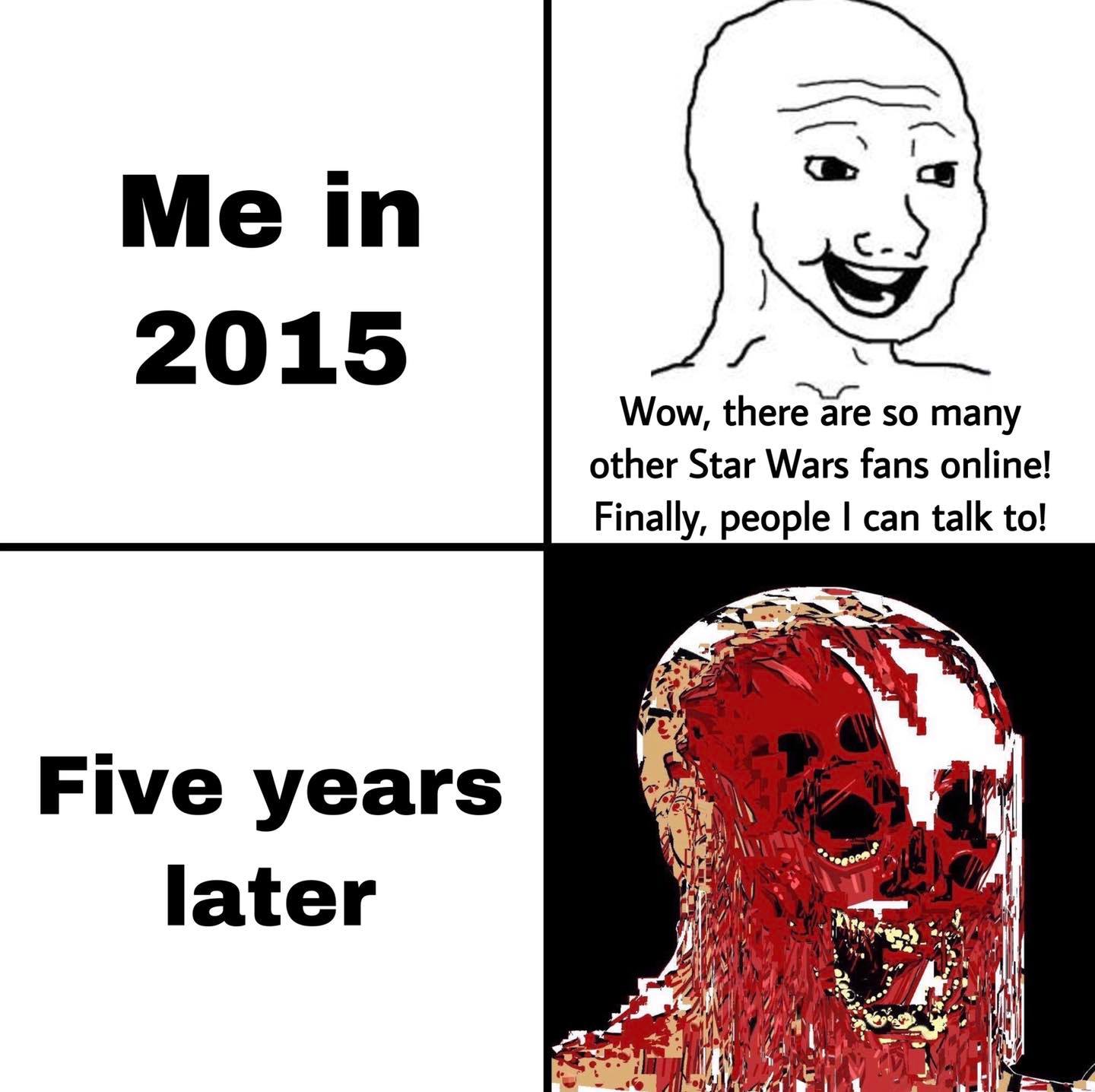 This meme is a humorous commentary on how social media has changed the way we interact with others. The image is a split-screen comparison, with the left side showing a person with a cheerful expression and the caption "Me in 2015" (implying a positive and optimistic attitude). The right side shows the same person with a grotesque, zombie-like appearance and the caption "2 years later...".